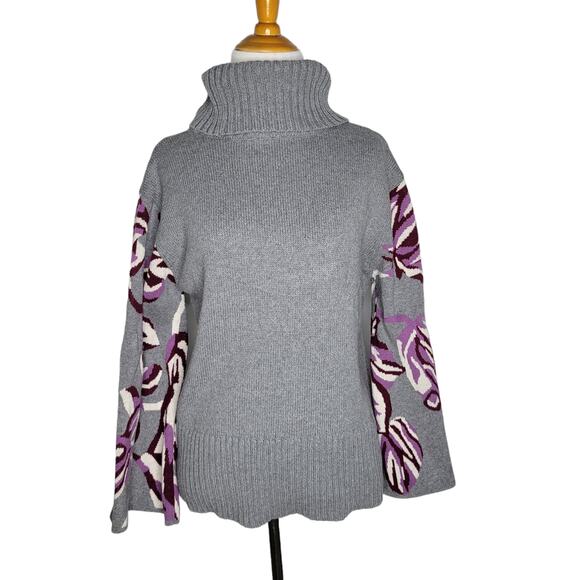 CAbi Eden Pullover Sweater Turtleneck Gray Bell Sleeves Gray Floral Women Medium - Picture 3 of 13